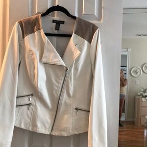 White and tan leather look zip up jacket